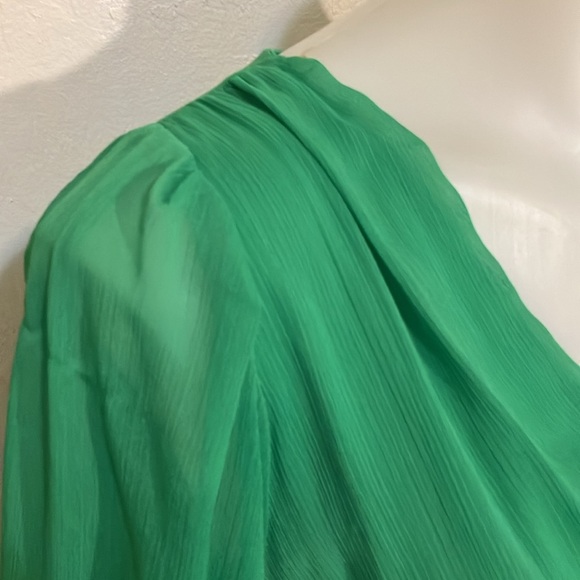 DKNY surplice bodice mock wrap dress with sheer sleeves 12 layered crepe - Picture 8 of 15